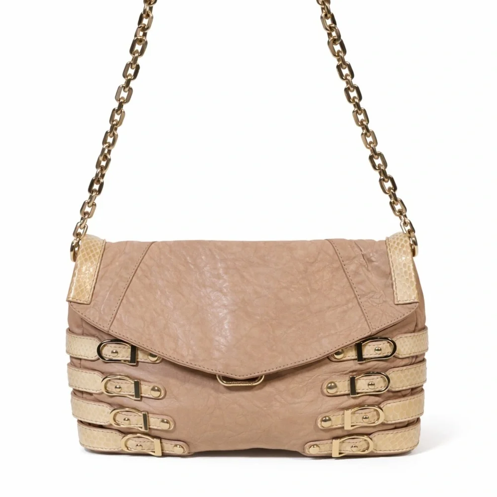 Jimmy Choo Tan Embossed Leather Shoulder Bag Gold Chain clutch - Picture 3 of 15